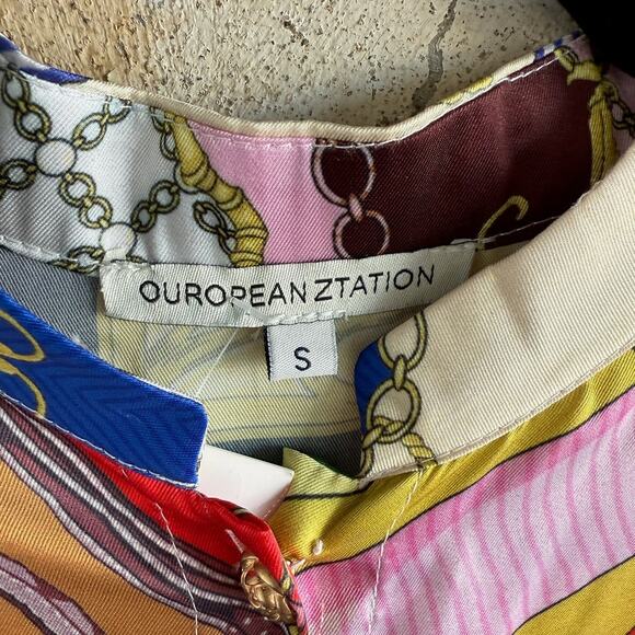 Satin Shirt Dress Multicolor Scarf Print Mini Belted Front NWT Retro Boho Small - Picture 3 of 5